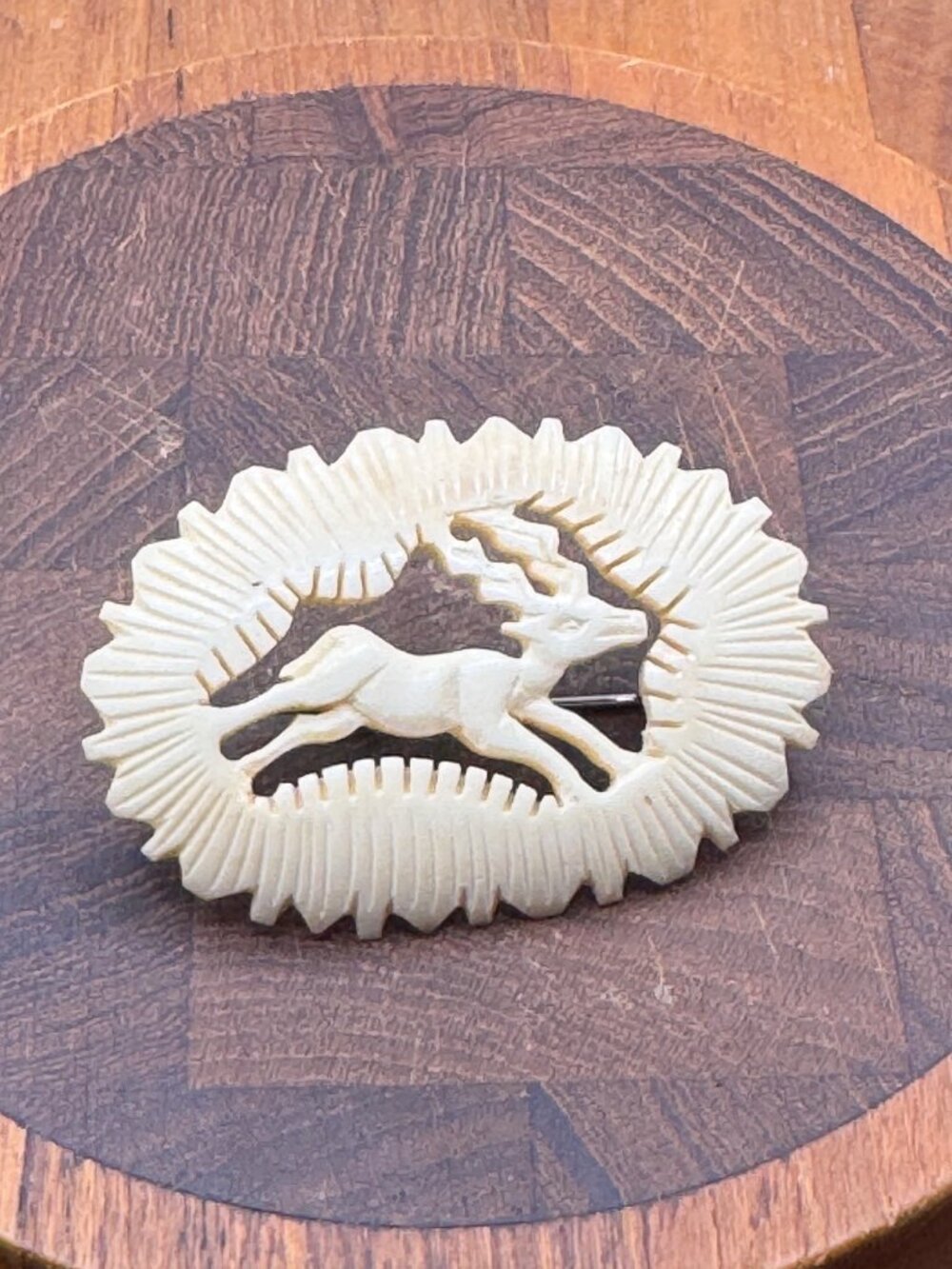 Vintage Carved Stag Deer Brooch 2 1/8” Bone Antler Running Deer Hunting Pin